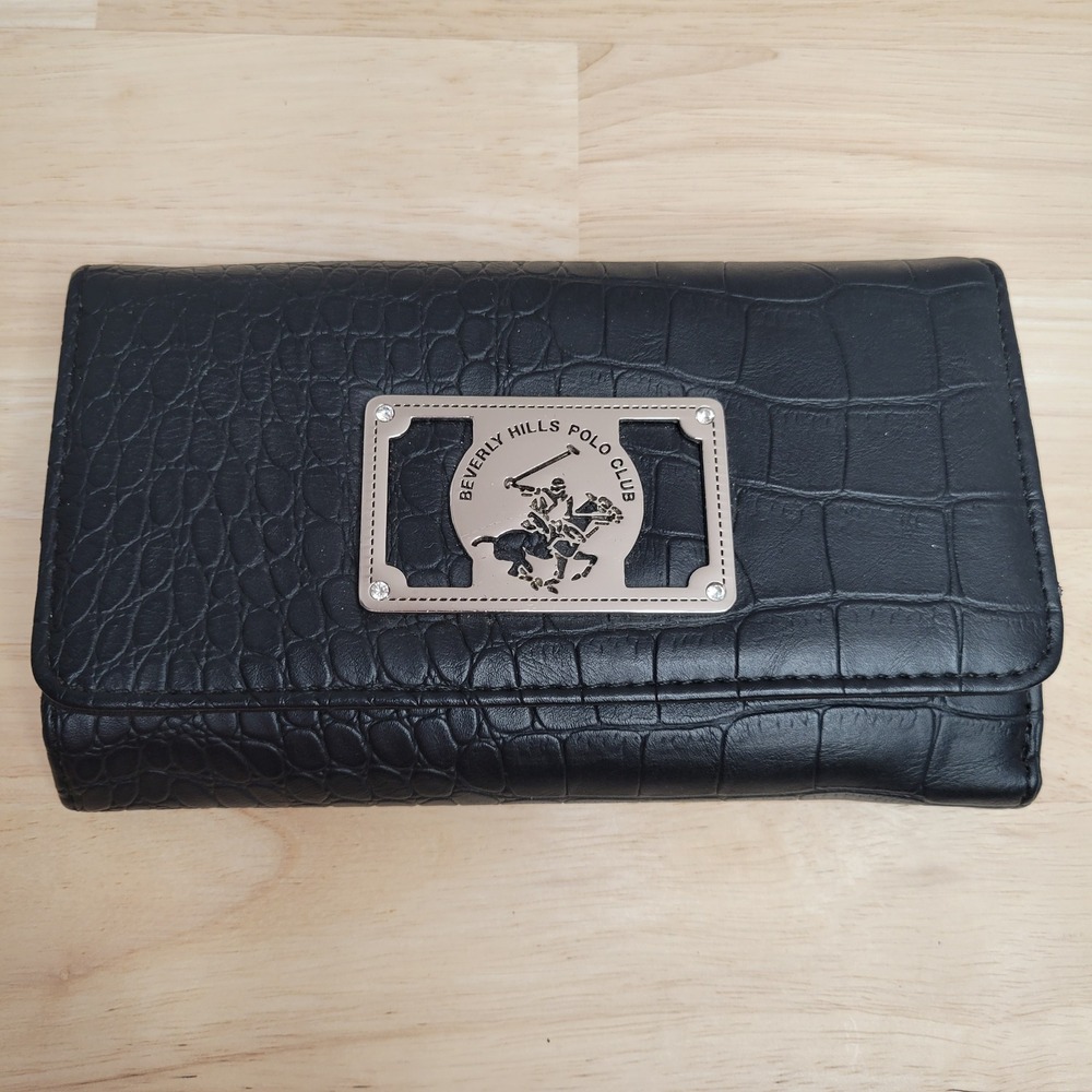 Beverly Hills Polo Club Wallet Womens Black Croc Embossed Trifold‎ Organizer Y2K